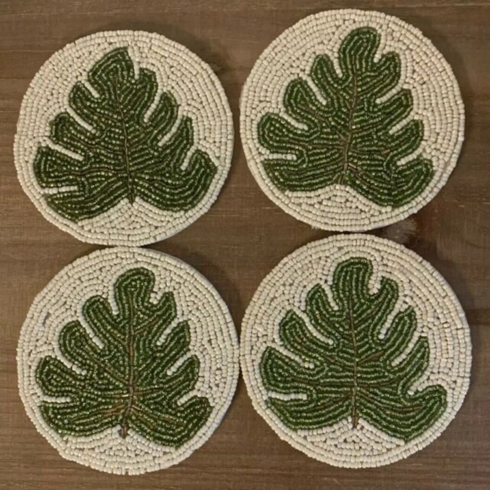 NWT Beaded Green Leaf Print Coasters Set of 4 - Picture 3 of 4